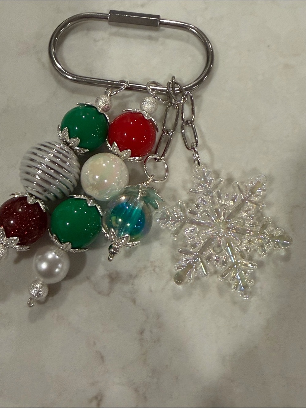 Festive Snowflake Bead Keychain Charm - Green, Red, White